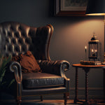 Load image into Gallery viewer, A still-life photo of a leather chair in a smoking parlor, the inspiration for the “Tobacco Leather” jar candle with 3 wicks from Tuscany Candle’s “Homme &amp; Heritage” collection of scented candles. Encased in a sleek black glass jar, this masculine candle melds the robust notes of Vintage Leather and Tobacco Leaves, complemented beautifully by the delicate hint of Sheer Spice.
