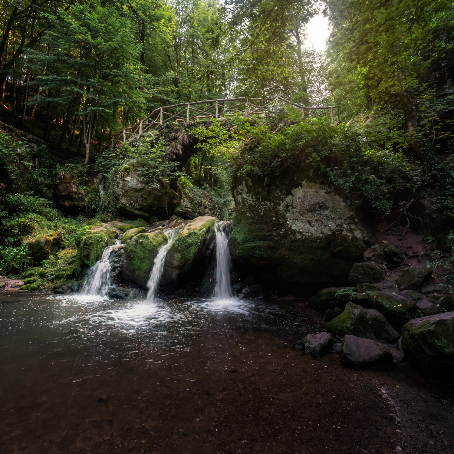 A photo of a woodland waterfall pouring into a bubbling creek. This scene is the inspiration for "Woodland Waterfall", a unisex  scented candle from Tuscany Candle which seamlessly blends the invigorating essence of Fresh Ocean Air with the earthy undertones of Weathered Driftwood and a hint of Vetiver