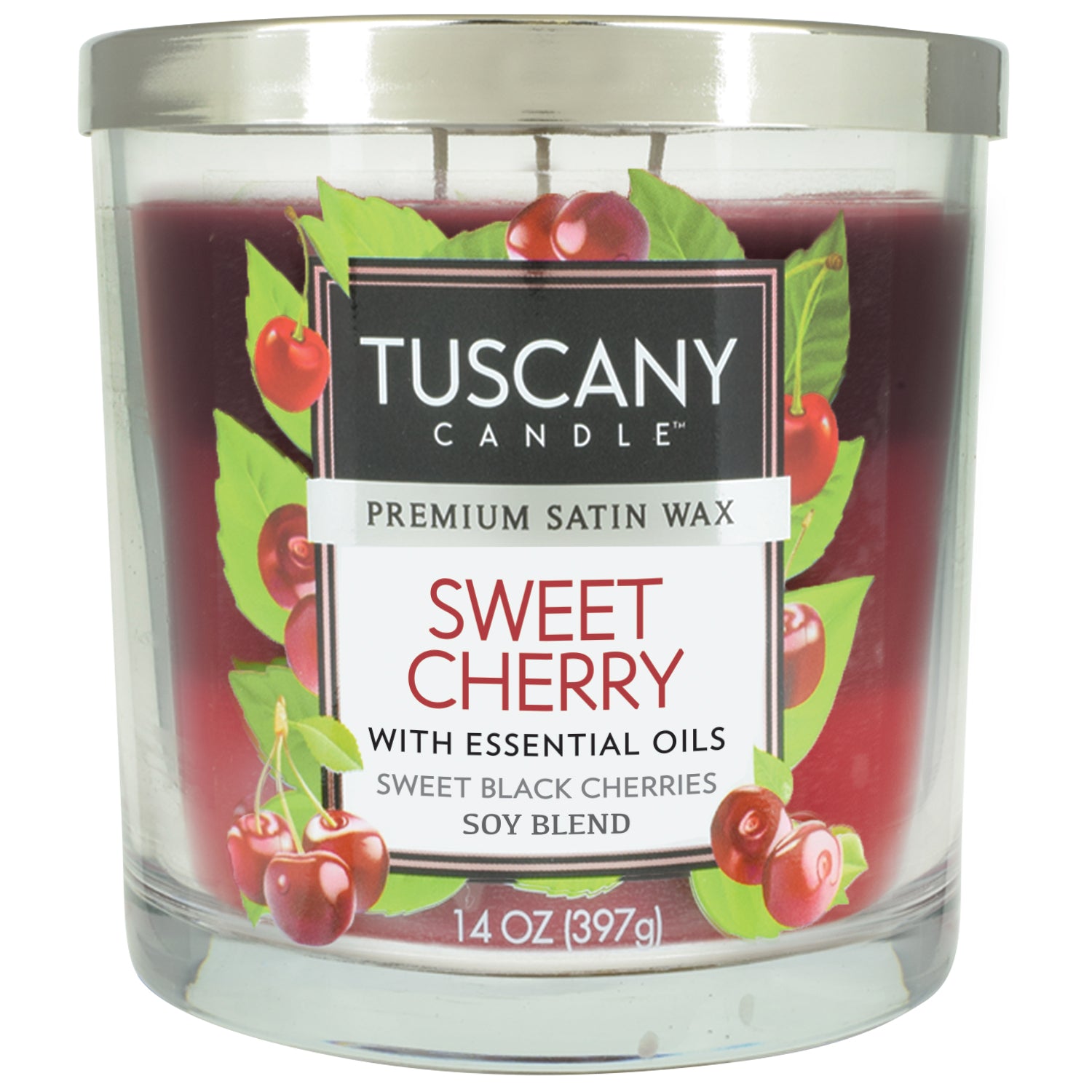 A Tuscany Candle® EVD Sweet Cherry Long-Lasting Scented Jar Candle with essential oils and fragrance notes, in a soy blend wax, 14 ounces.